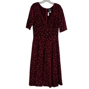 Collectif London Burgundy Velvet Sparkle Stars Fit and Flare Dress Womens Medium